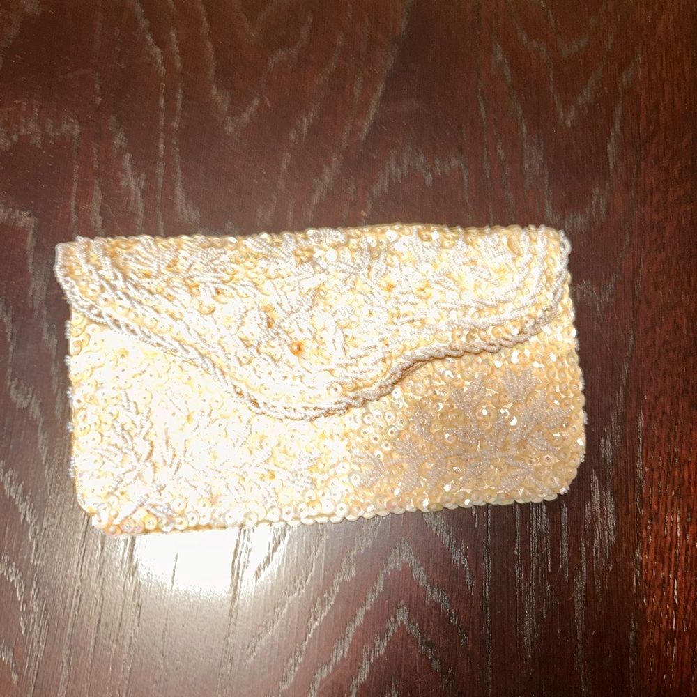 Antique 60s pearl Sequin clutch with beaded flowers  Handmade In Hong Kong